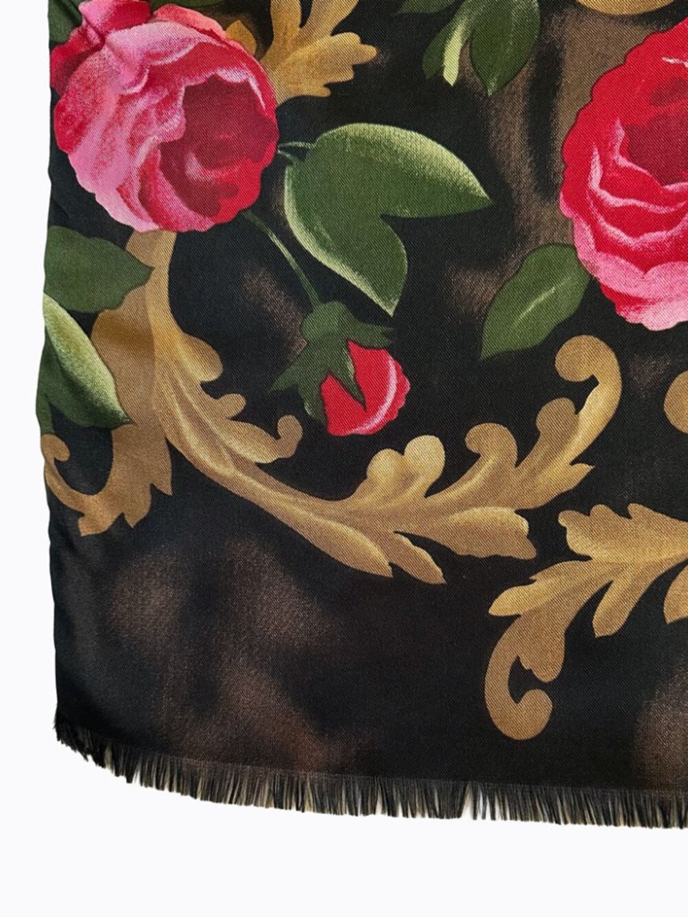 Vtg Black Floral Rose Silk Wool Scarf Baroque Oblong Fringe Whimsigoth Romantic - Picture 5 of 7